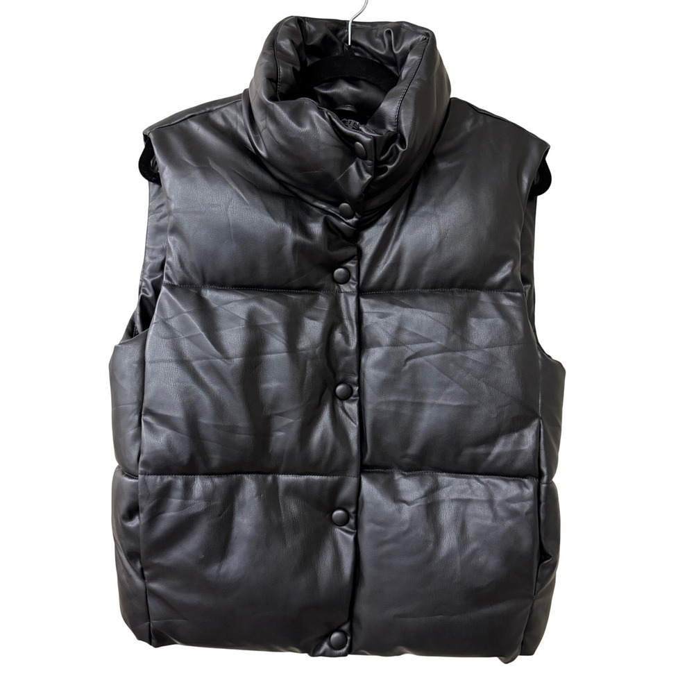 Zara Womens Faux Leather Puffer Vest Size S Black Quilted Funnel Neck Snap Front